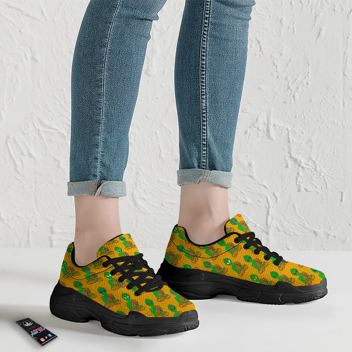 Buddha Alien Psychedelic Print Pattern Black Chunky Shoes-grizzshop