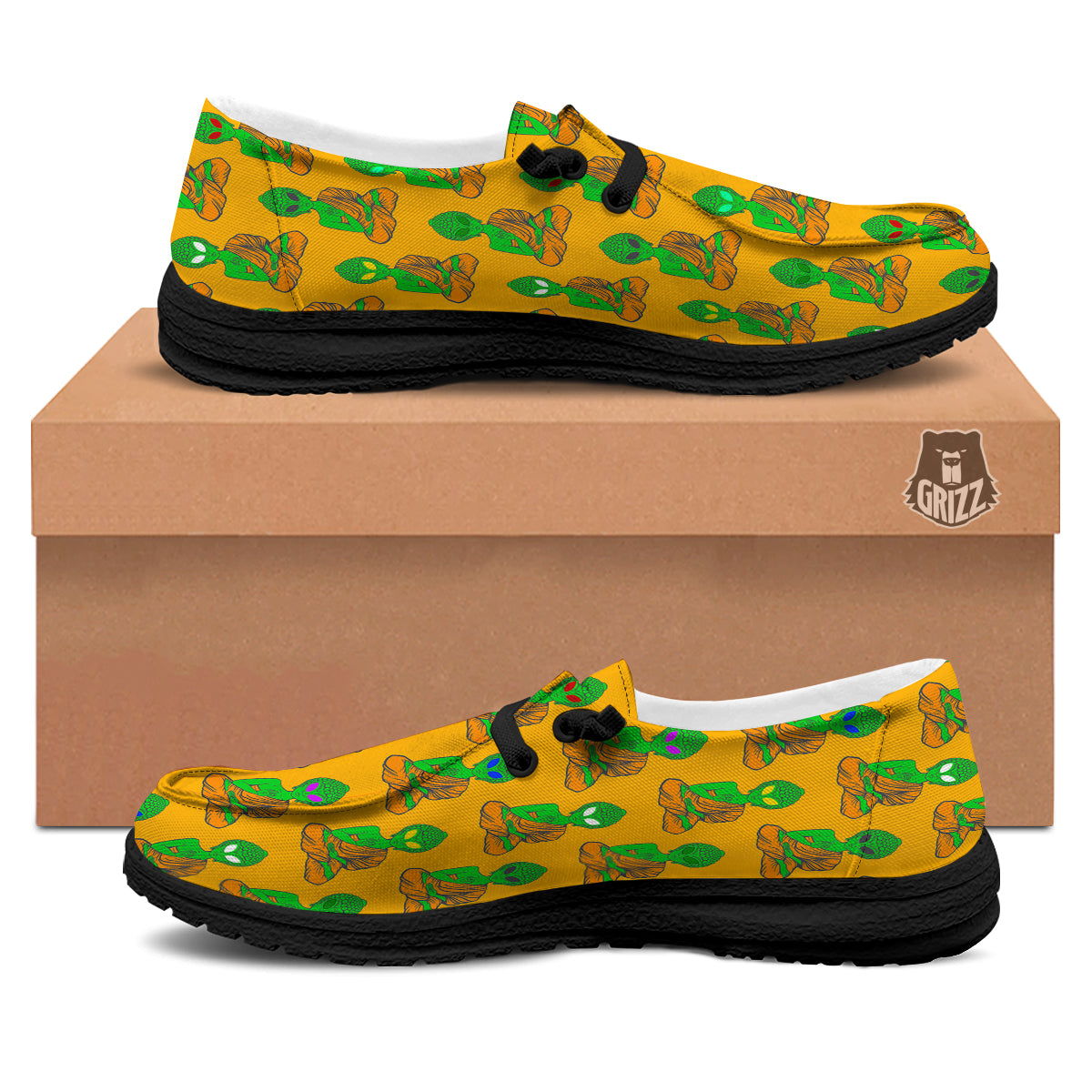 Buddha Alien Psychedelic Print Pattern Black Loafers-grizzshop