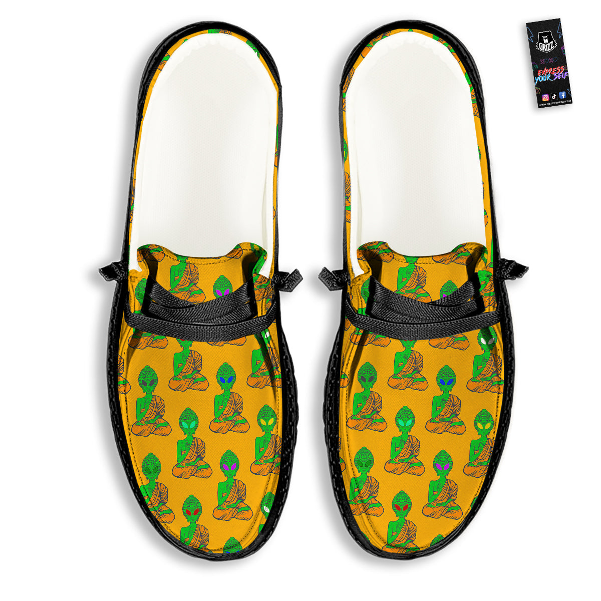 Buddha Alien Psychedelic Print Pattern Black Loafers-grizzshop