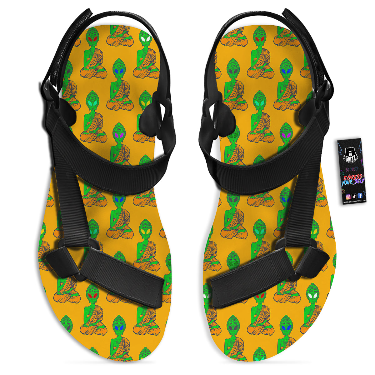 Buddha Alien Psychedelic Print Pattern Black Open Toe Sandals-grizzshop