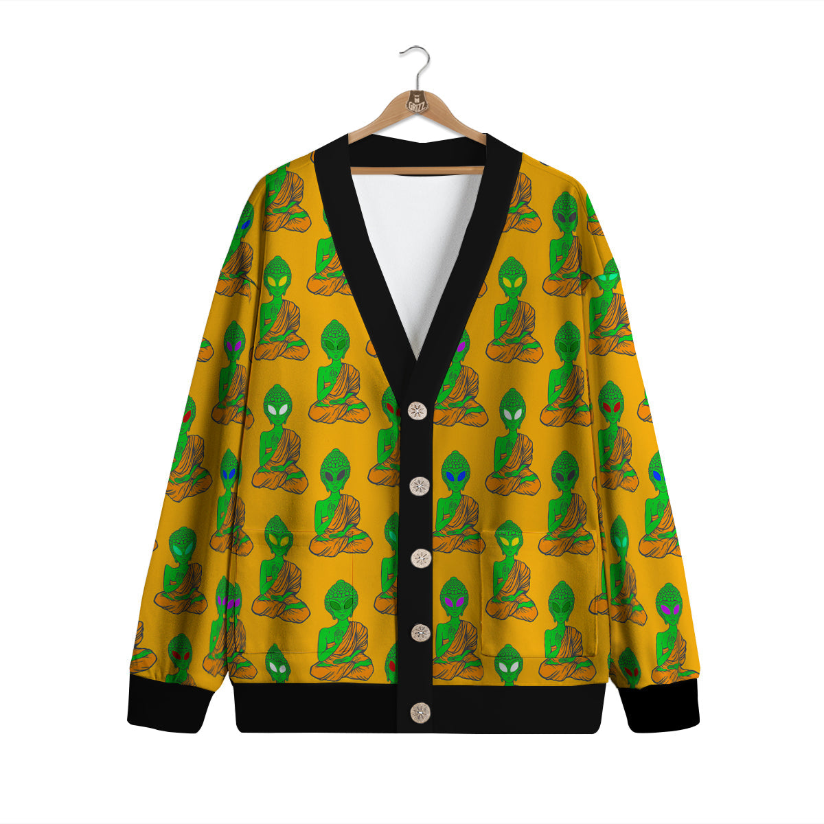 Buddha Alien Psychedelic Print Pattern Cardigan-grizzshop