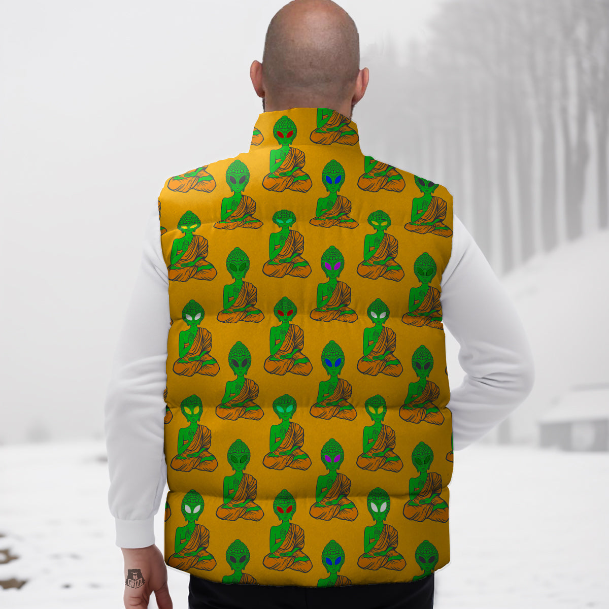 Buddha Alien Psychedelic Print Pattern Down Vest