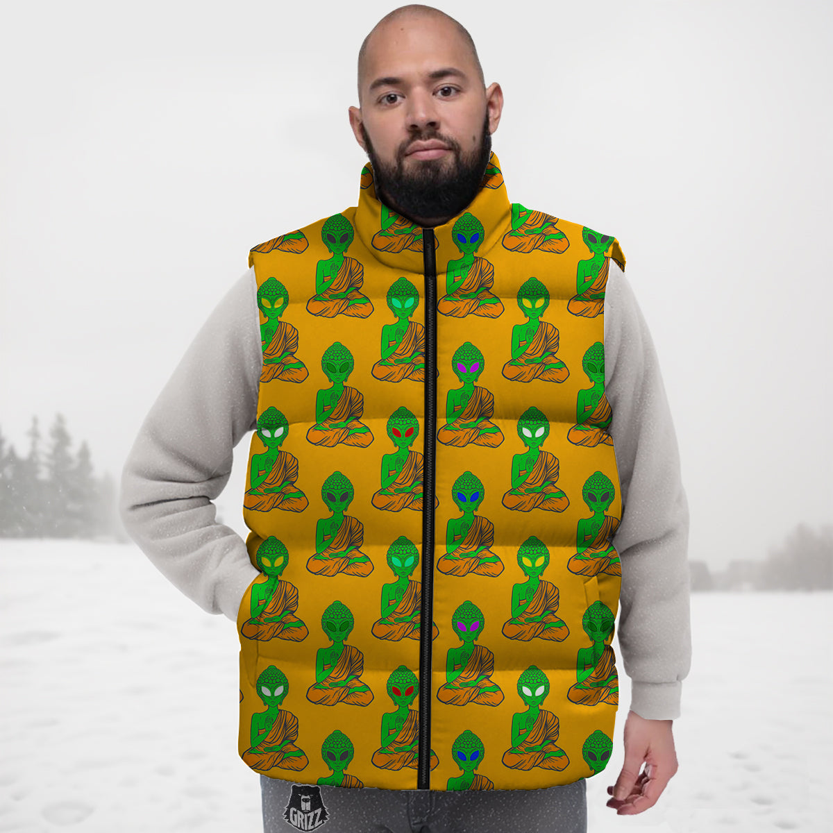 Buddha Alien Psychedelic Print Pattern Down Vest