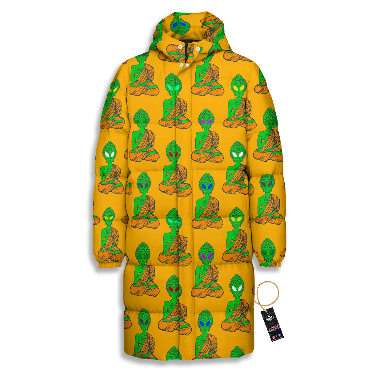 Buddha Alien Psychedelic Print Pattern Long Down Jacket-grizzshop