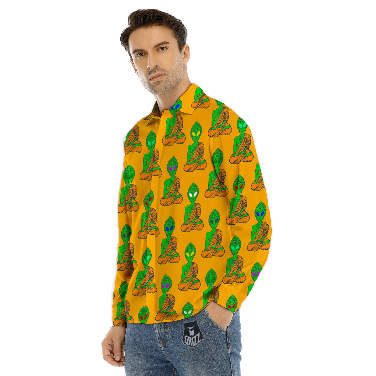 Buddha Alien Psychedelic Print Pattern Men's Dress Shirts-grizzshop