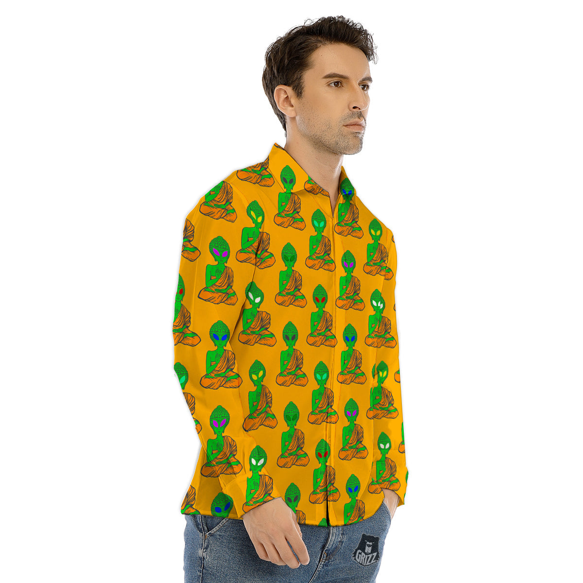 Buddha Alien Psychedelic Print Pattern Men's Dress Shirts-grizzshop