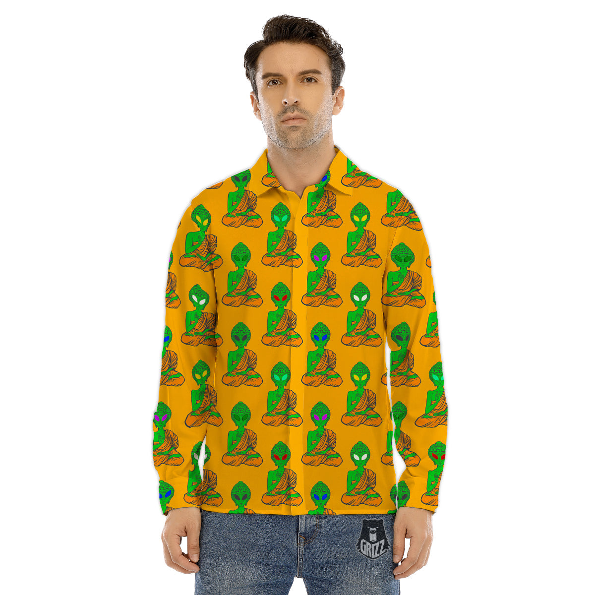 Buddha Alien Psychedelic Print Pattern Men's Dress Shirts-grizzshop