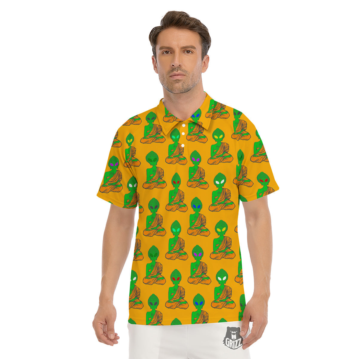 Buddha Alien Psychedelic Print Pattern Men's Golf Shirts-grizzshop