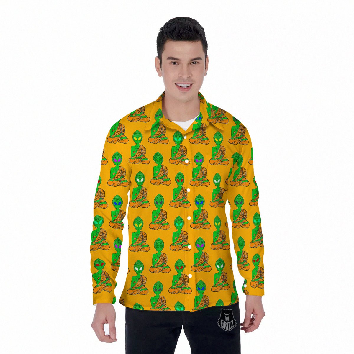 Buddha Alien Psychedelic Print Pattern Men's Long Sleeve Shirts-grizzshop