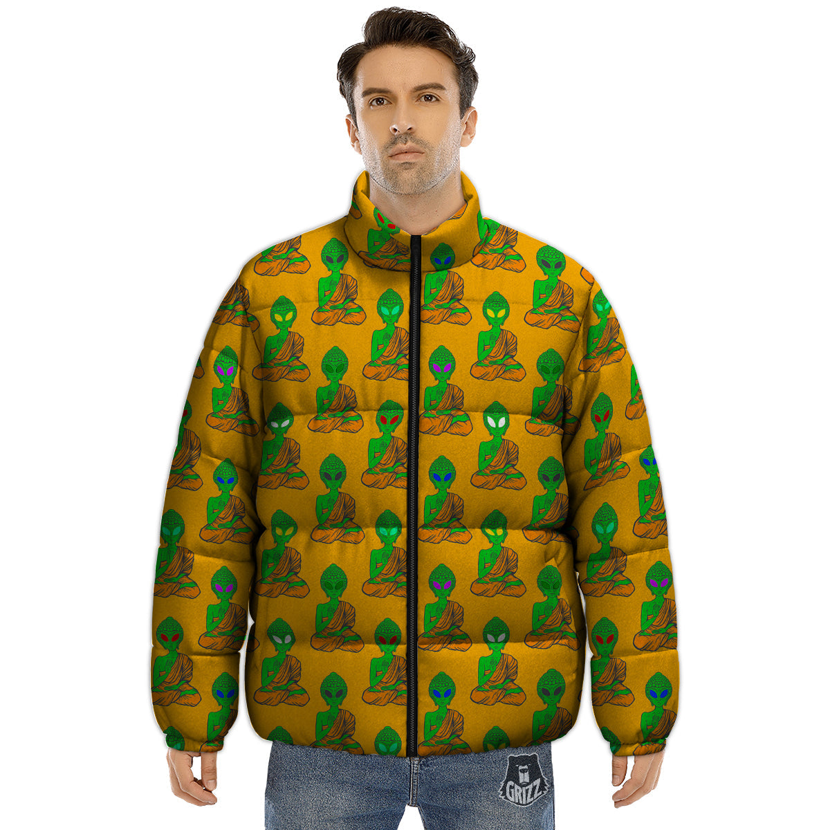 Buddha Alien Psychedelic Print Pattern Puffer Jacket-grizzshop
