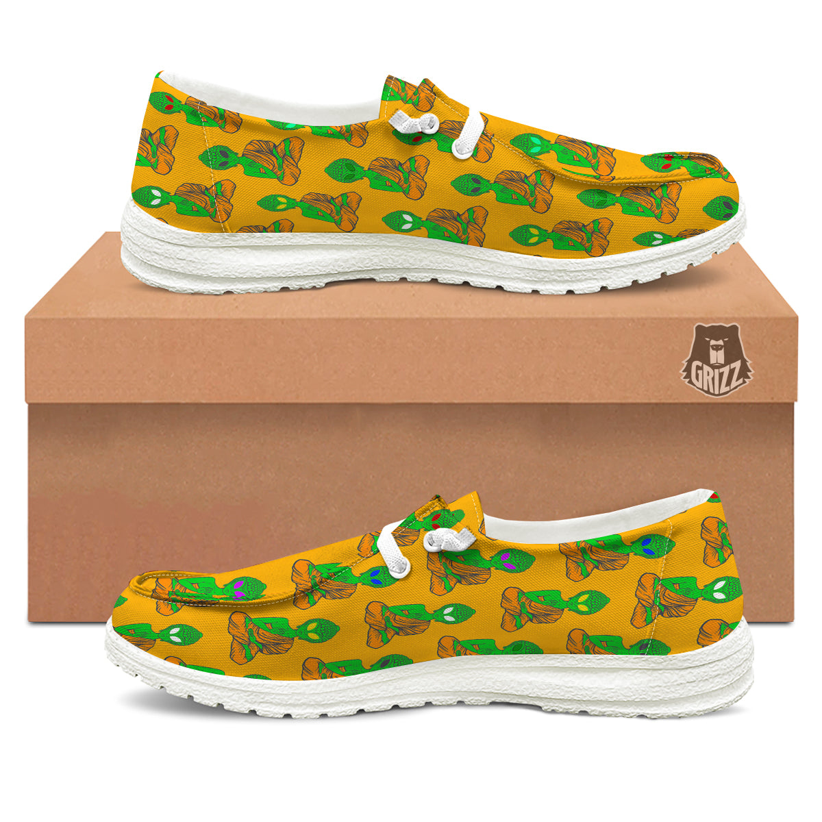 Buddha Alien Psychedelic Print Pattern White Loafers-grizzshop