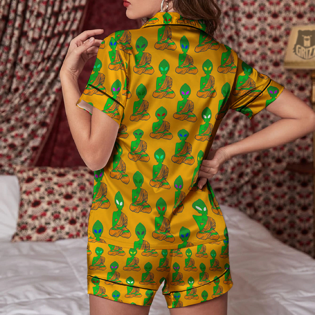 Buddha Alien Psychedelic Print Pattern Women Silk Pajamas-grizzshop