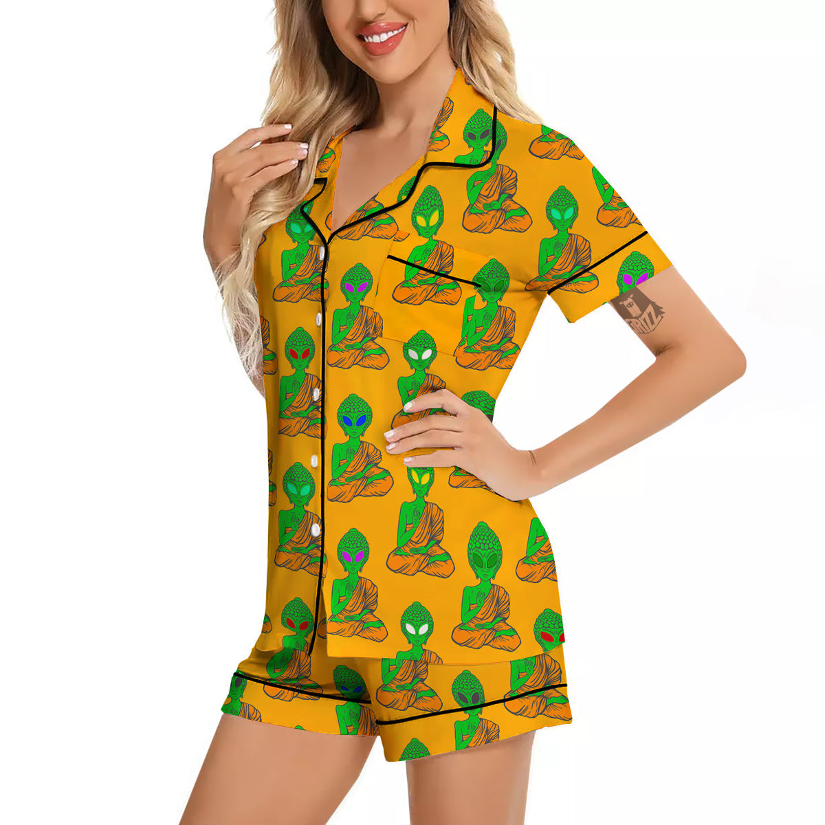 Buddha Alien Psychedelic Print Pattern Women Silk Pajamas-grizzshop