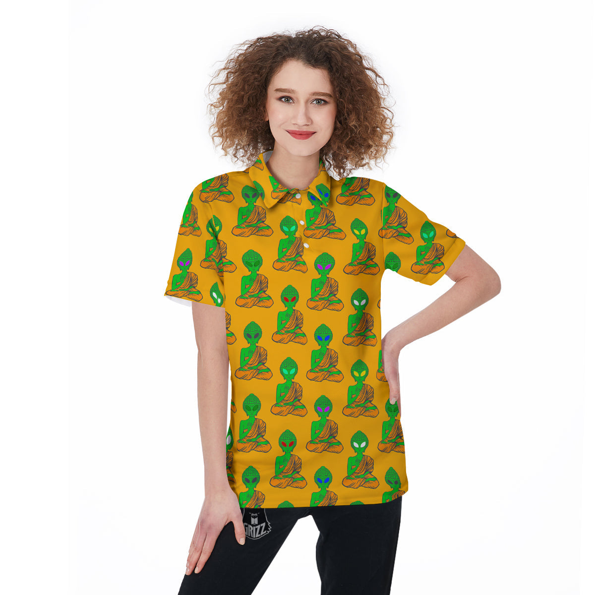 Buddha Alien Psychedelic Print Pattern Women's Golf Shirts-grizzshop