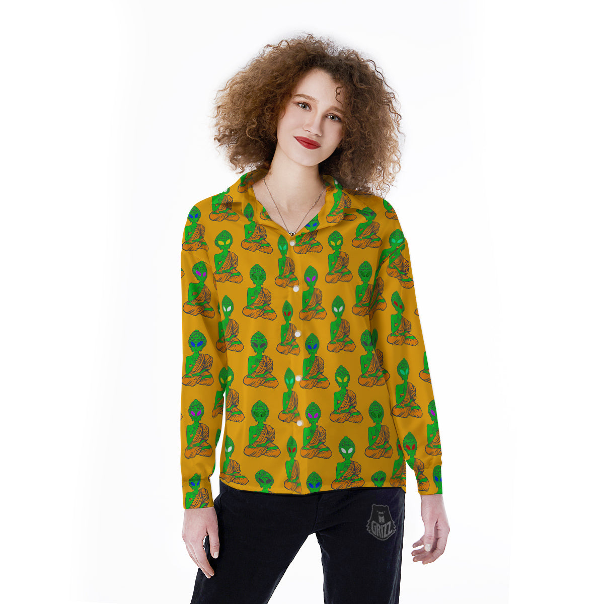 Buddha Alien Psychedelic Print Pattern Women's Long Sleeve Shirts-grizzshop