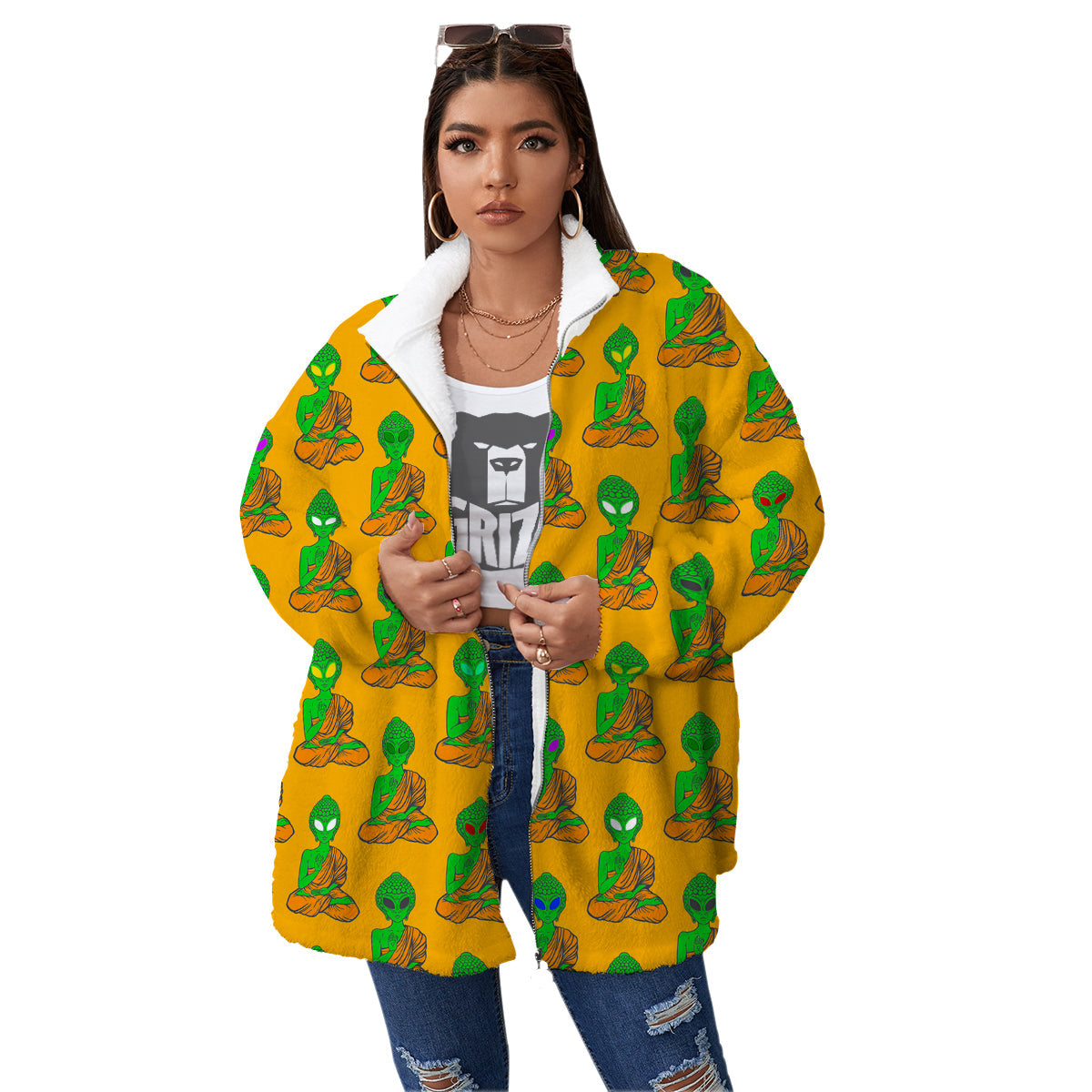 Buddha Alien Psychedelic Print Pattern Women's Sherpa Jacket-grizzshop