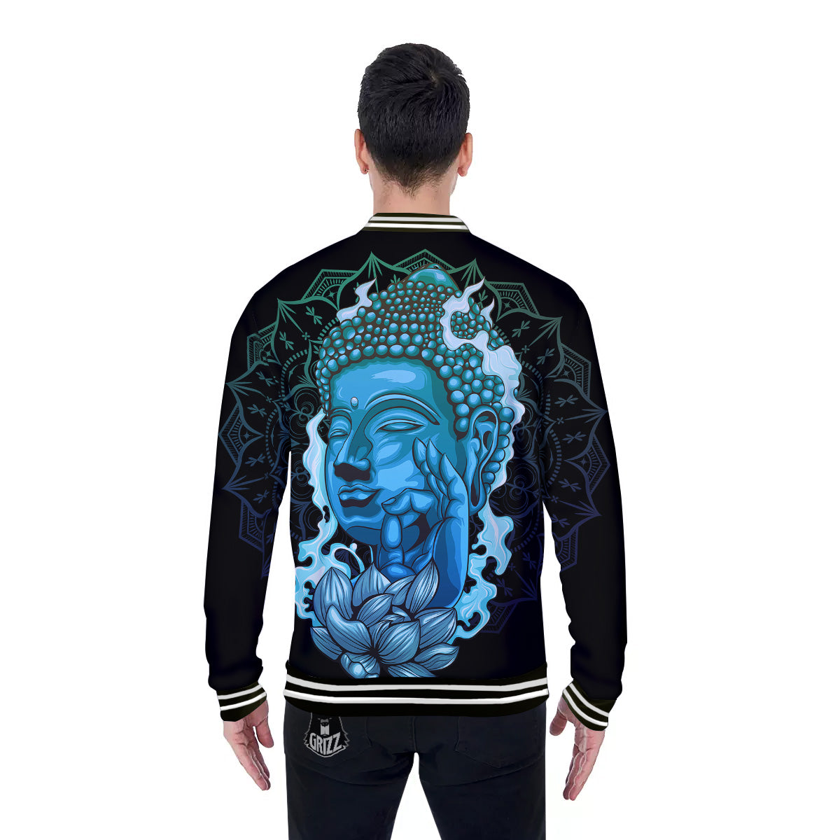 Buddha Blue Print Baseball Jacket-grizzshop