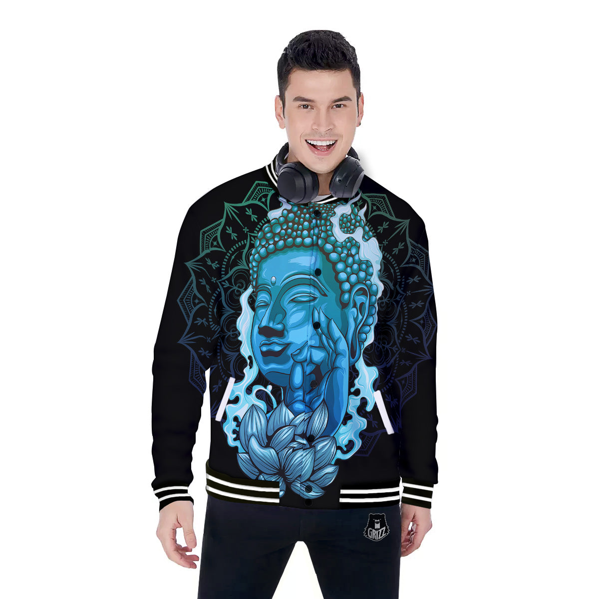 Buddha Blue Print Baseball Jacket-grizzshop