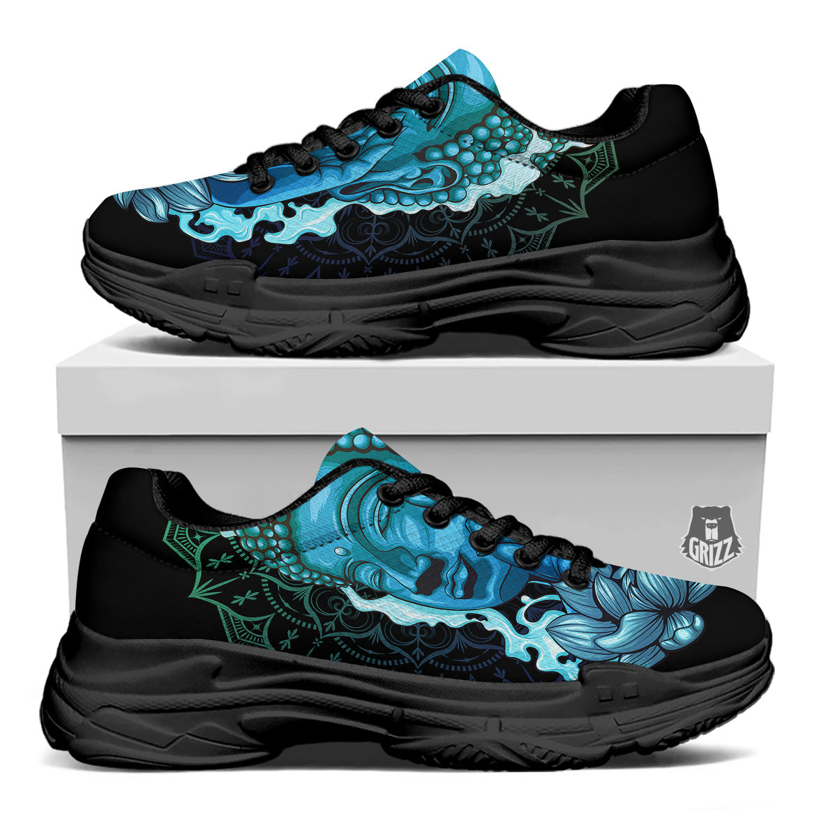 Buddha Blue Print Black Chunky Shoes-grizzshop