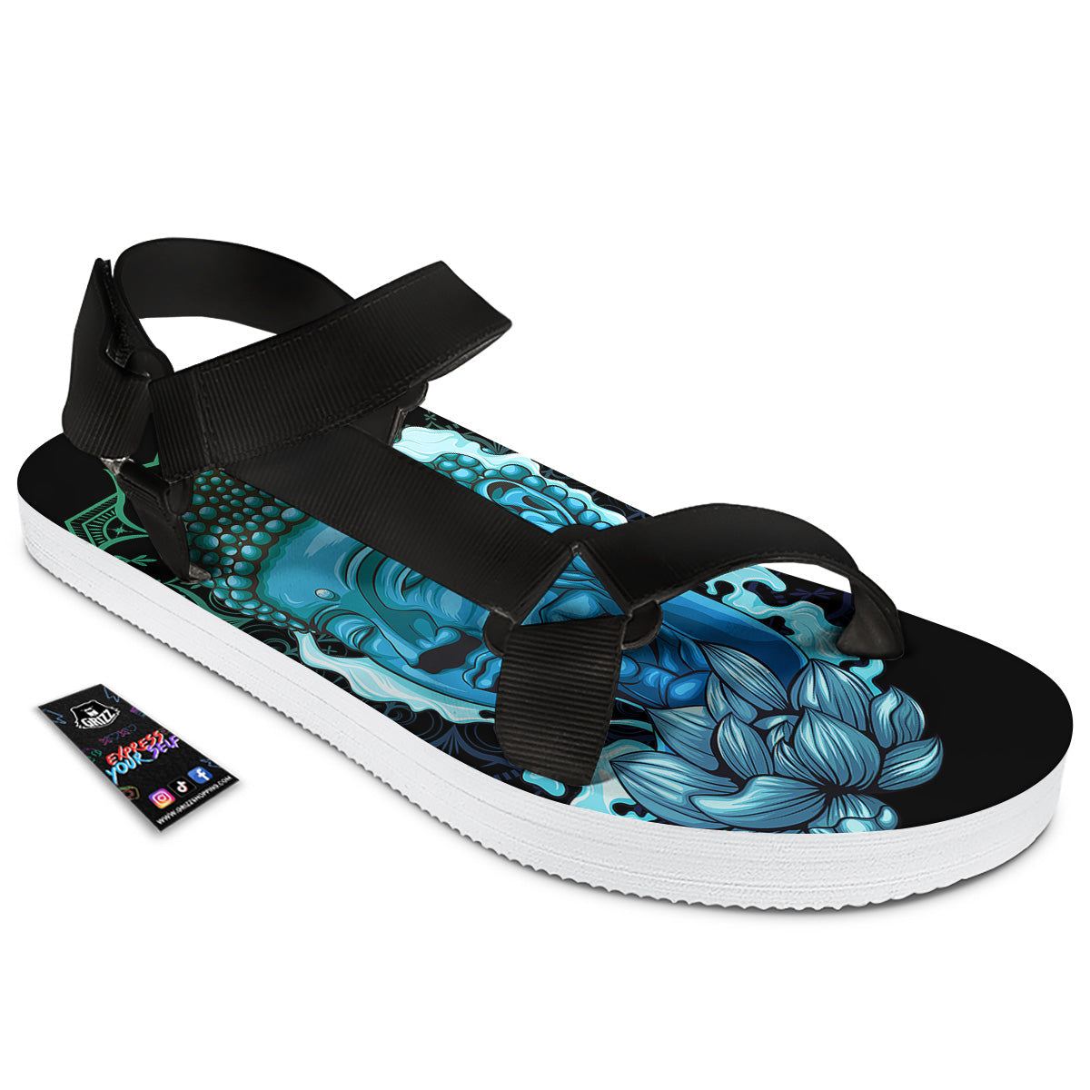 Buddha Blue Print Black Open Toe Sandals-grizzshop