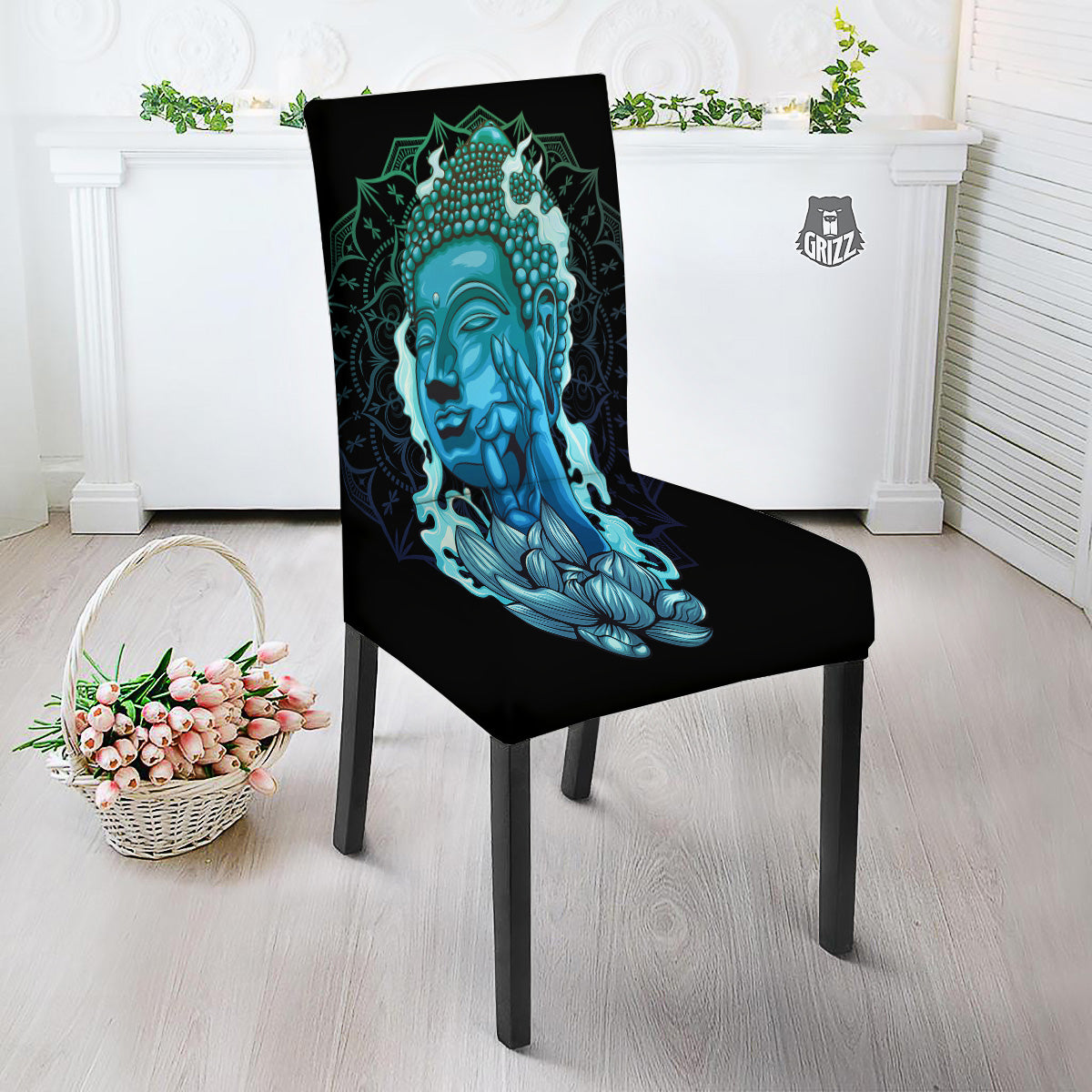 Buddha Blue Print Dining Chair Slipcover-grizzshop