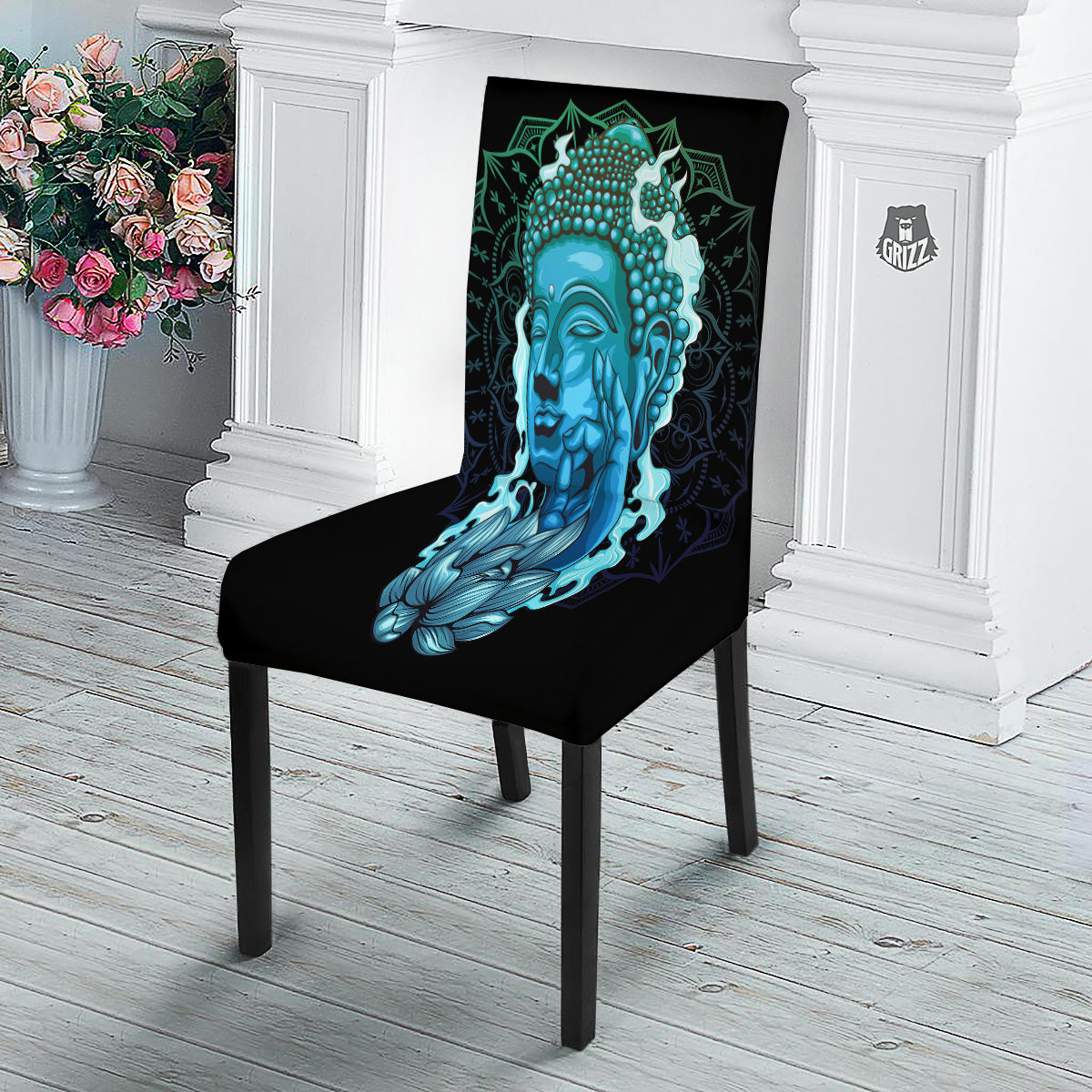 Buddha Blue Print Dining Chair Slipcover-grizzshop
