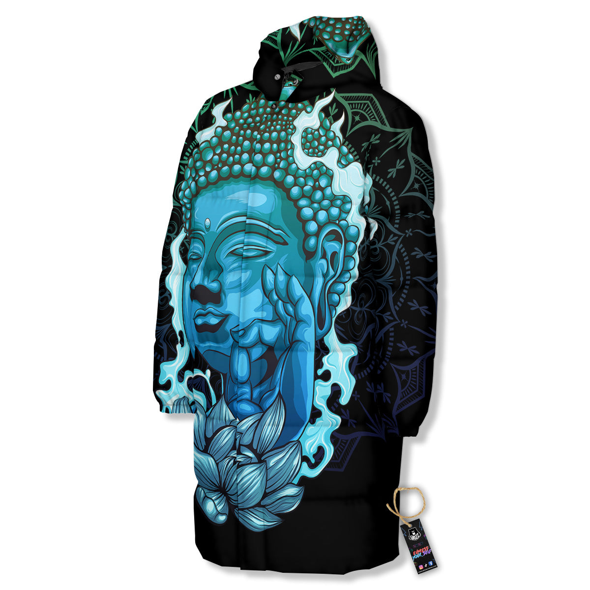 Buddha Blue Print Long Down Jacket-grizzshop