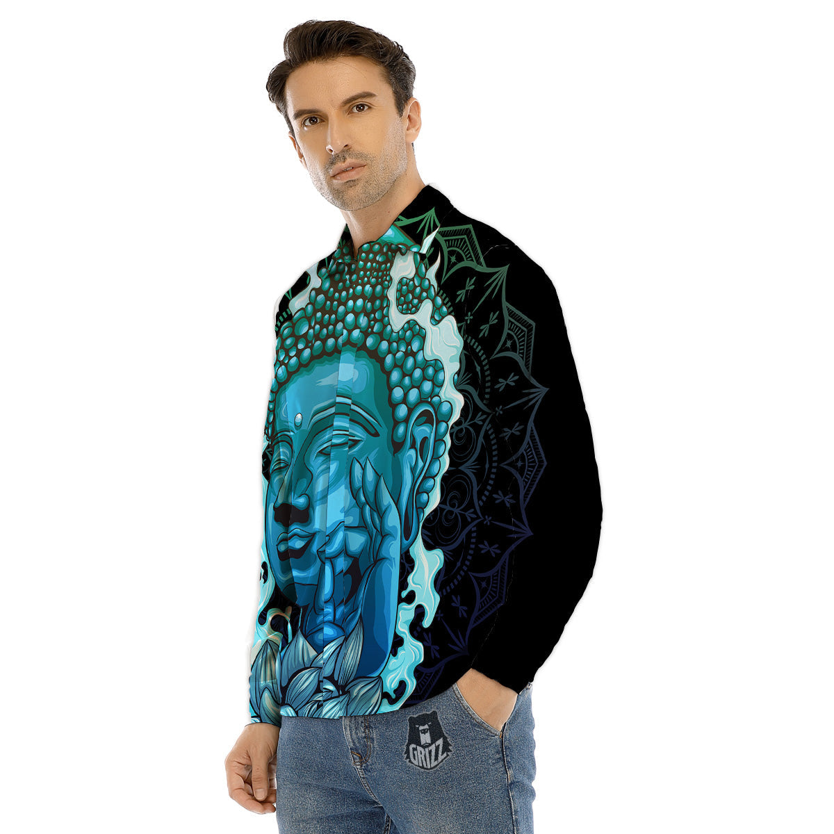 Buddha Blue Print Men's Dress Shirts-grizzshop