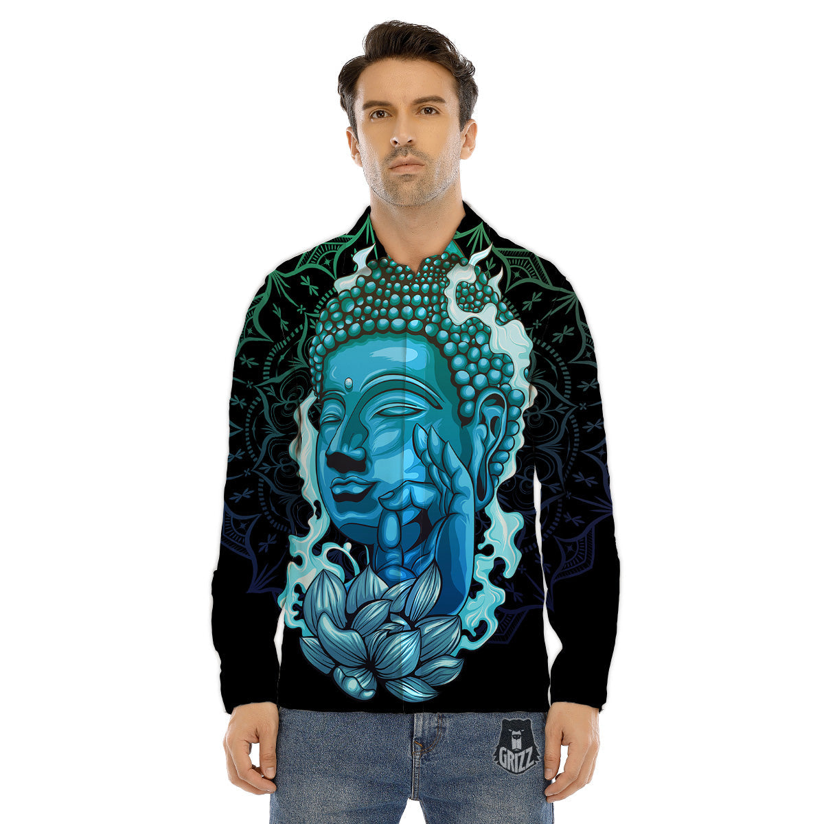 Buddha Blue Print Men's Dress Shirts-grizzshop