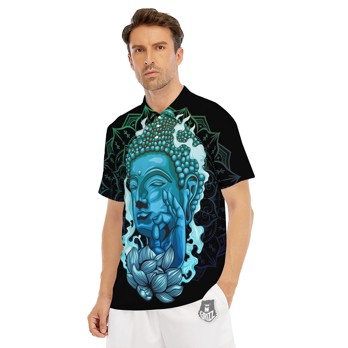 Buddha Blue Print Men's Golf Shirts-grizzshop