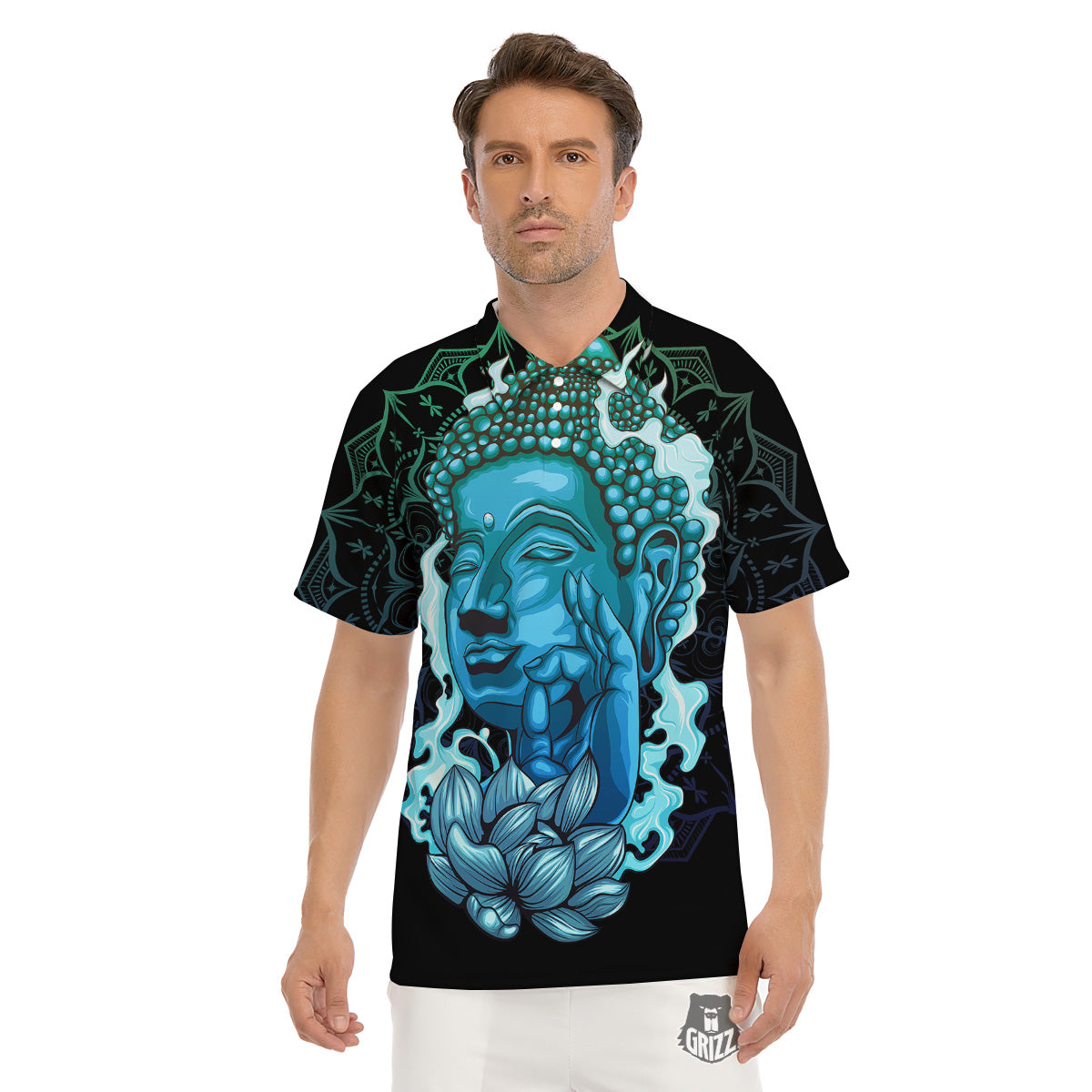 Buddha Blue Print Men's Golf Shirts-grizzshop