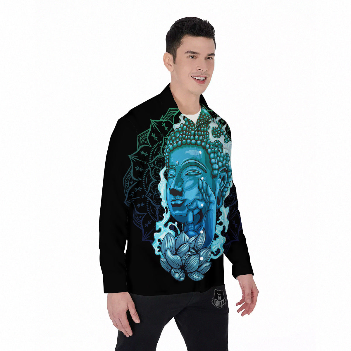 Buddha Blue Print Men's Long Sleeve Shirts-grizzshop