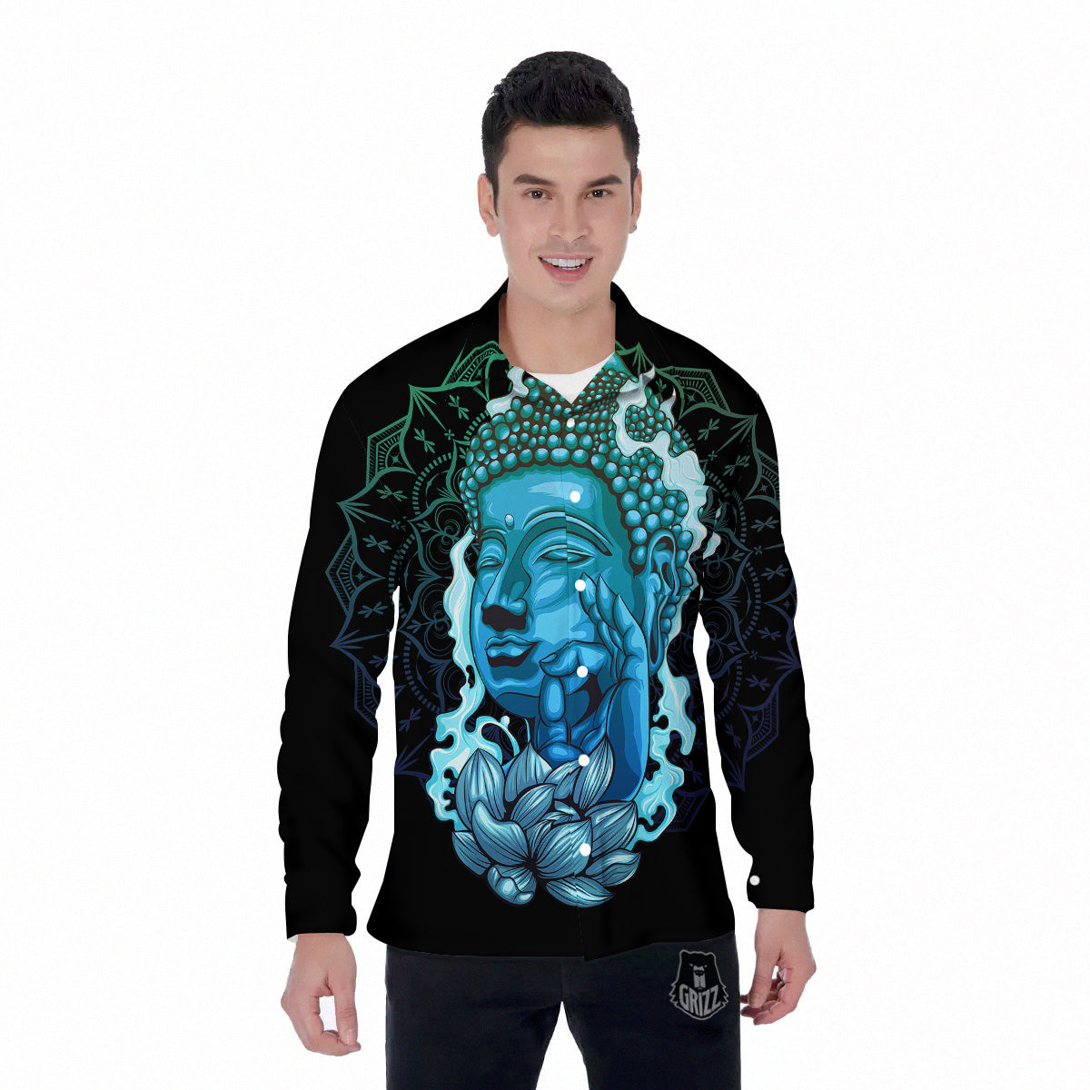 Buddha Blue Print Men's Long Sleeve Shirts-grizzshop