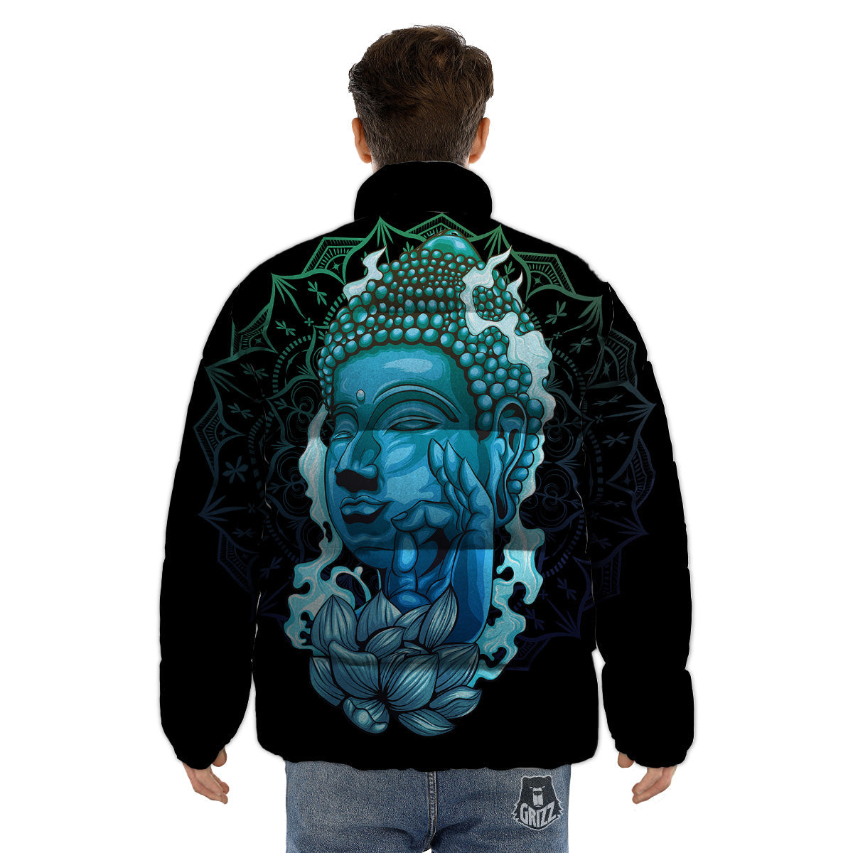 Buddha Blue Print Puffer Jacket-grizzshop