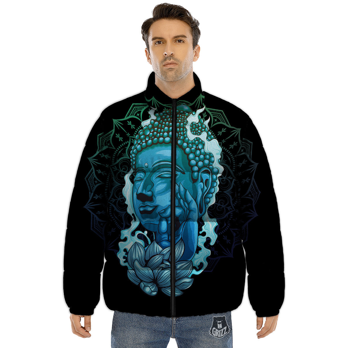 Buddha Blue Print Puffer Jacket-grizzshop