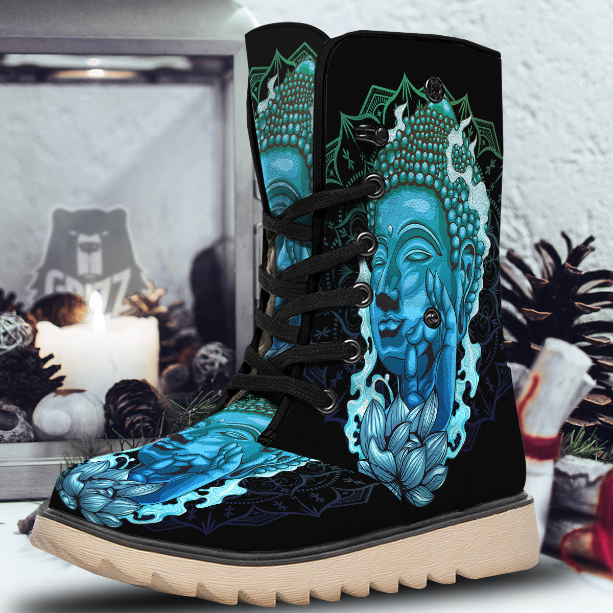 Buddha Blue Print Snow Boots-grizzshop