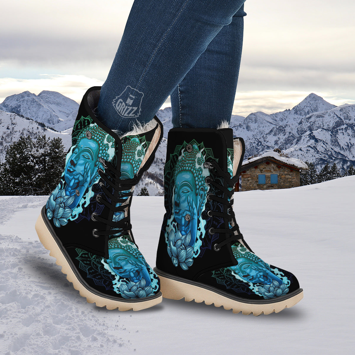 Buddha Blue Print Snow Boots-grizzshop