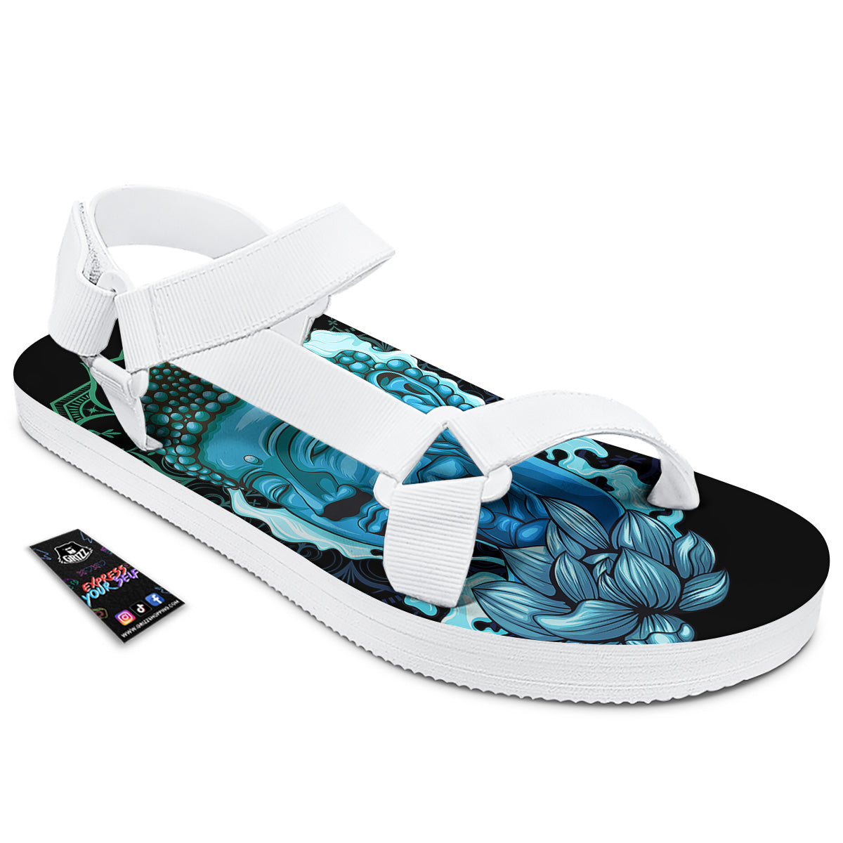 Buddha Blue Print White Open Toe Sandals-grizzshop