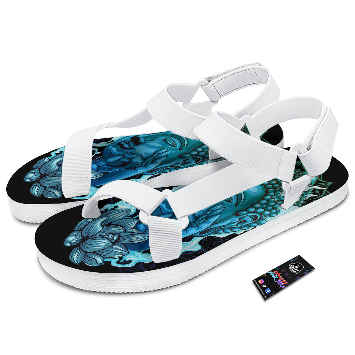 Buddha Blue Print White Open Toe Sandals-grizzshop