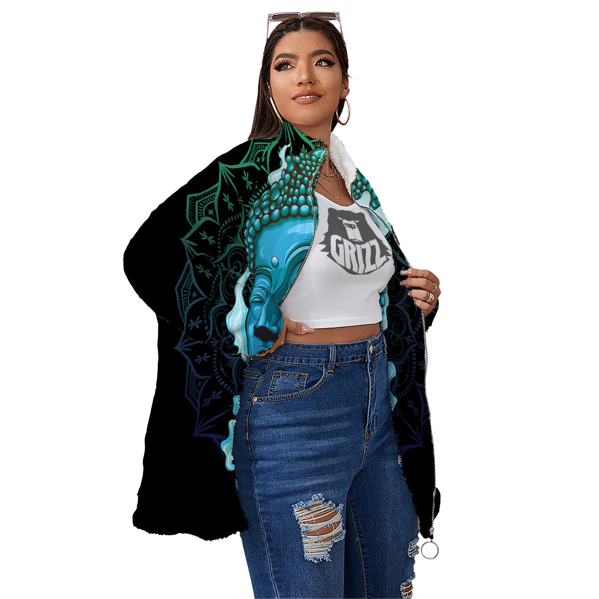 Buddha Blue Print Women's Sherpa Jacket-grizzshop