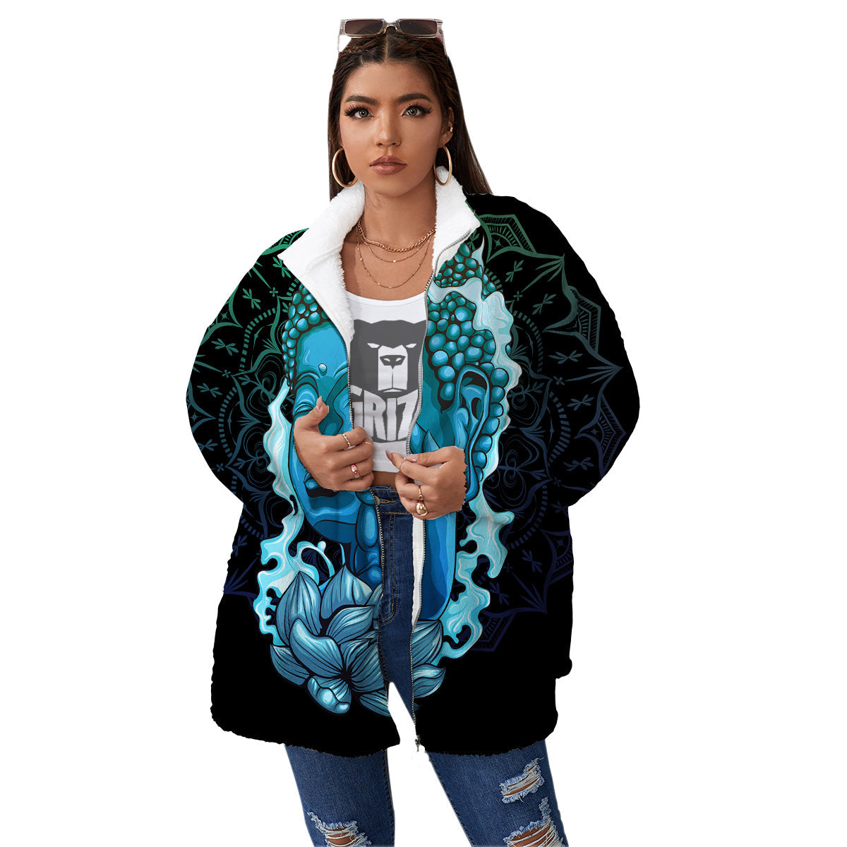 Buddha Blue Print Women's Sherpa Jacket-grizzshop