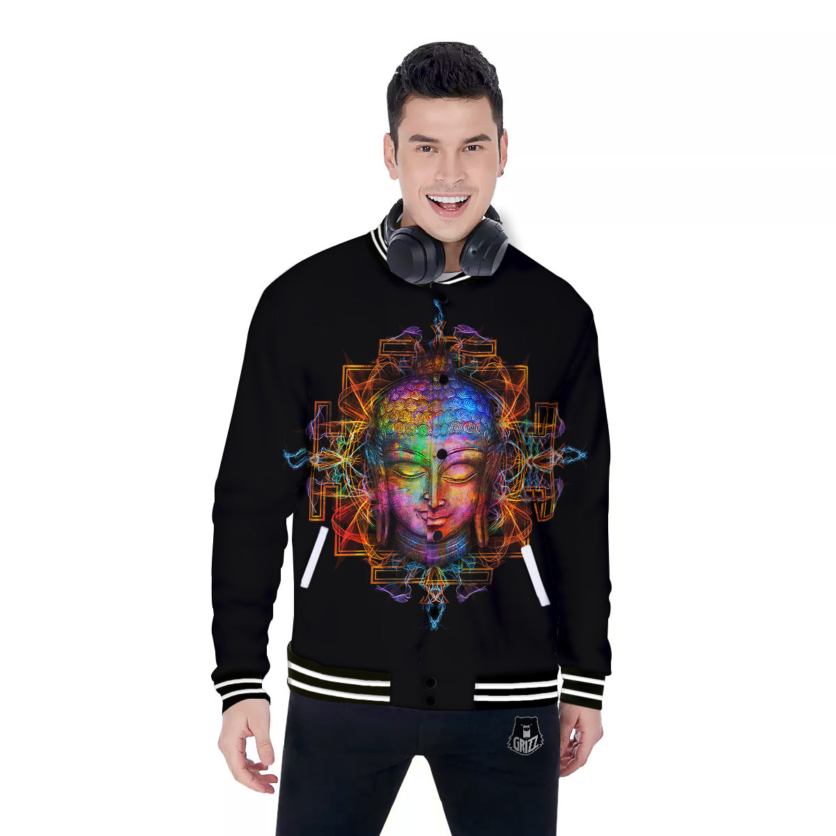 Buddha Colorful Print Baseball Jacket-grizzshop