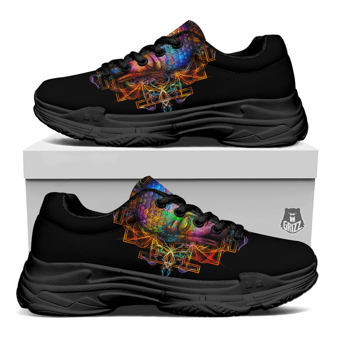 Buddha Colorful Print Black Chunky Shoes-grizzshop