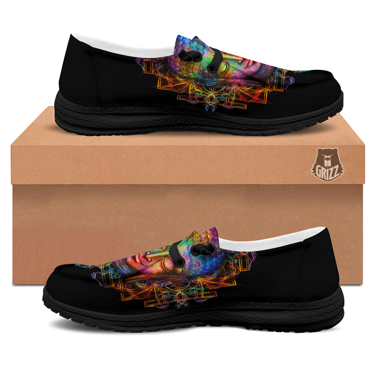 Buddha Colorful Print Black Loafers-grizzshop