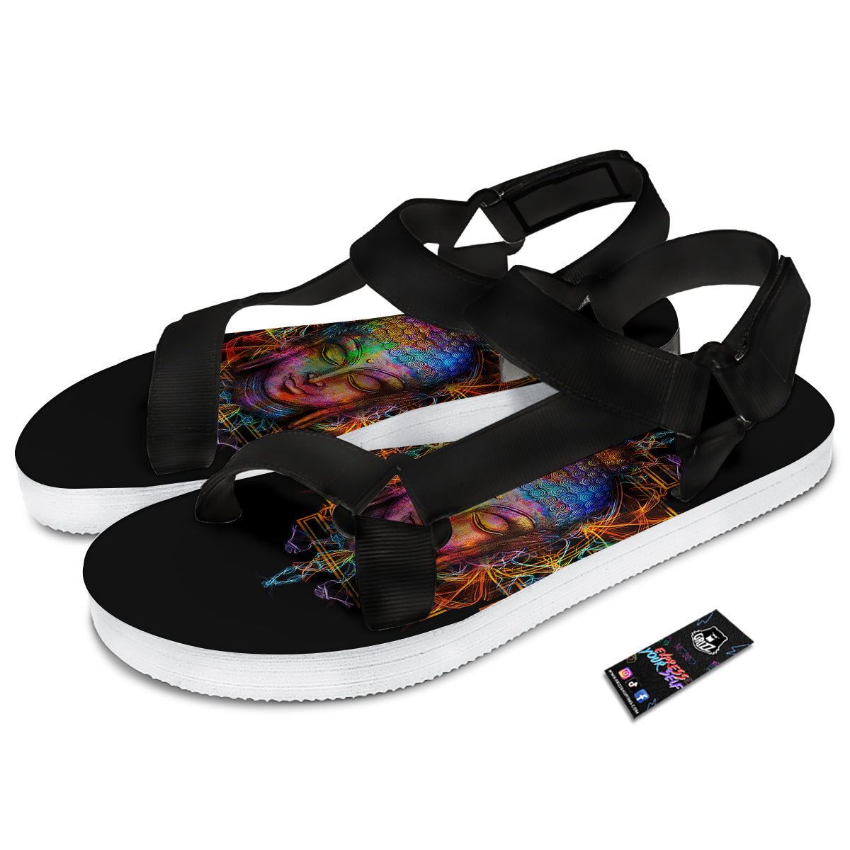 Buddha Colorful Print Black Open Toe Sandals-grizzshop