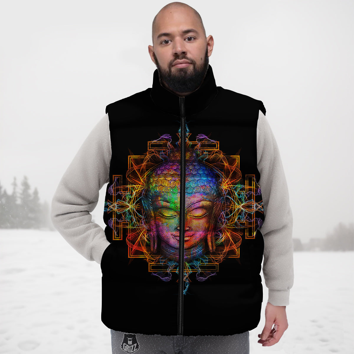 Buddha Colorful Print Down Vest