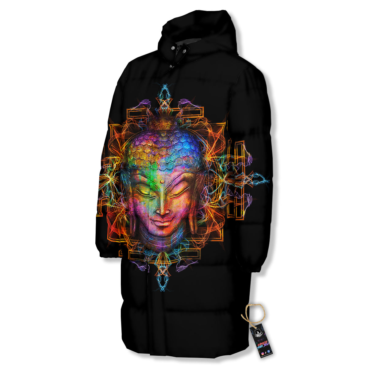 Buddha Colorful Print Long Down Jacket-grizzshop