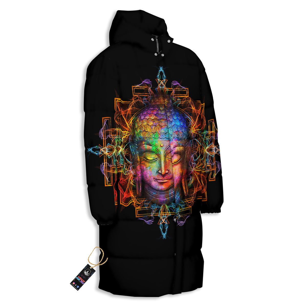Buddha Colorful Print Long Down Jacket-grizzshop