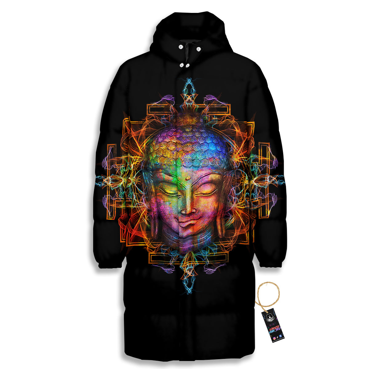 Buddha Colorful Print Long Down Jacket-grizzshop
