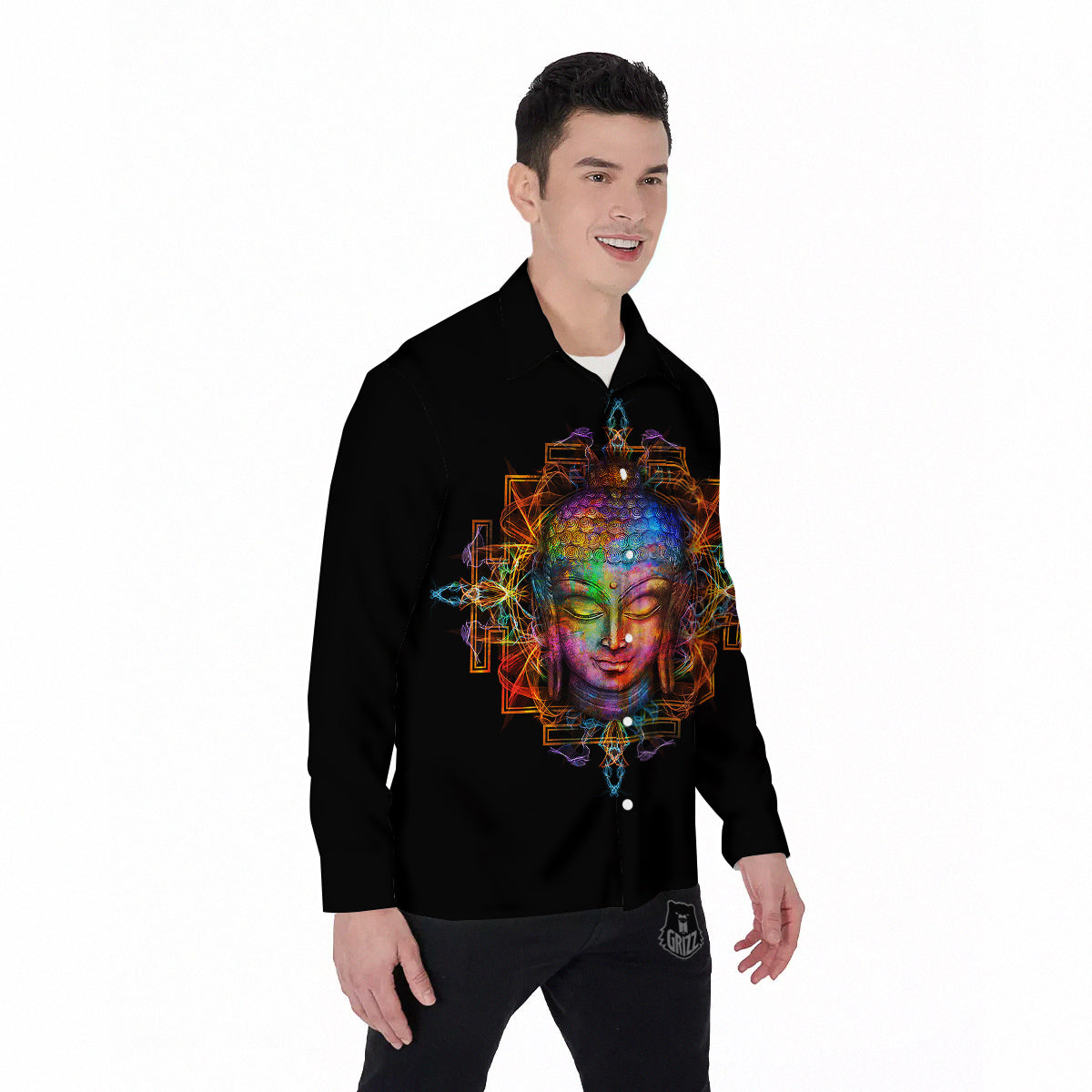 Buddha Colorful Print Men's Long Sleeve Shirts-grizzshop